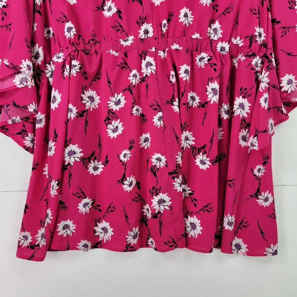 Lane Bryant Blouse Women 26/28 Pink Floral Print Bat Flared Sleeve Kimono Belted - Picture 14 of 14